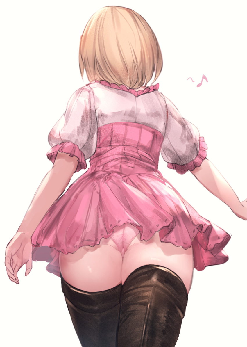 1girl ass blonde_hair boots brown_footwear commentary_request detached_sleeves djeeta_(granblue_fantasy) dress dutch_angle frills from_behind granblue_fantasy highres milli_little musical_note panties pink_dress pink_panties puffy_short_sleeves puffy_sleeves shiny shiny_clothes shiny_skin short_dress short_hair short_sleeves simple_background solo thigh-highs thigh_boots thighs underwear white_background