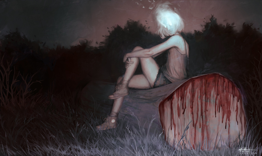 1girl bare_shoulders blood branch brown_footwear closed_mouth denim denim_shorts fingernails glowing glowing_eyes grass horror_(theme) log looking_at_viewer night night_sky original outdoors short_hair shorts signature sitting sky solo tree white_eyes white_hair ysvyri