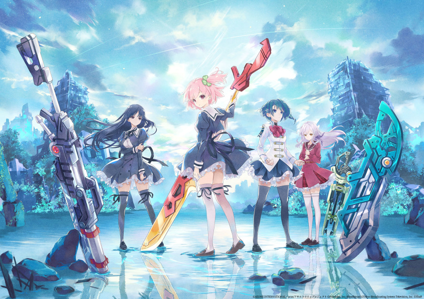 4girls artist_request assault_lily belt black_dress black_hair black_legwear black_ribbon blue_hair bow bowtie braid building character_request dress frilled_skirt frills gun hair_ornament hair_ribbon hairclip highres hitotsuyanagi_riri juliet_sleeves key_visual lavender_hair loafers long_hair long_sleeves mechanical_sword multiple_girls neck_ribbon official_art pink_hair puffy_sleeves red_serafuku reflective_water ribbon ruins sailor_collar shallow_water shirai_yuyu shoes short_hair short_sidetail side_ponytail skindentation skirt thigh-highs thigh_ribbon weapon white_legwear