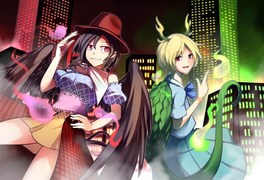 2girls ashiroku_(miracle_hinacle) bare_legs black_hair black_wings blood blue_shirt building city city_lights cityscape commentary_request cowboy_hat dragon_tail feathered_wings gradient gradient_background hair_between_eyes hand_on_hip hat highres horns kicchou_yachie kurokoma_saki looking_at_another multiple_girls neckerchief otter_spirit_(touhou) puffy_short_sleeves puffy_sleeves redhead shirt short_hair short_sleeves skirt skyscraper tail touhou white_neckwear wings wolf_spirit_(touhou)