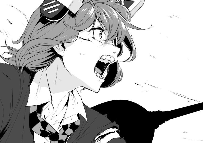 1girl blood blood_on_arm blood_on_face checkered checkered_neckwear face from_side greyscale ifuji_shinsen injury kantai_collection monochrome necktie open_mouth rigging sharp_teeth short_hair shouting solo teeth tenryuu_(kantai_collection) torn_clothes white_background