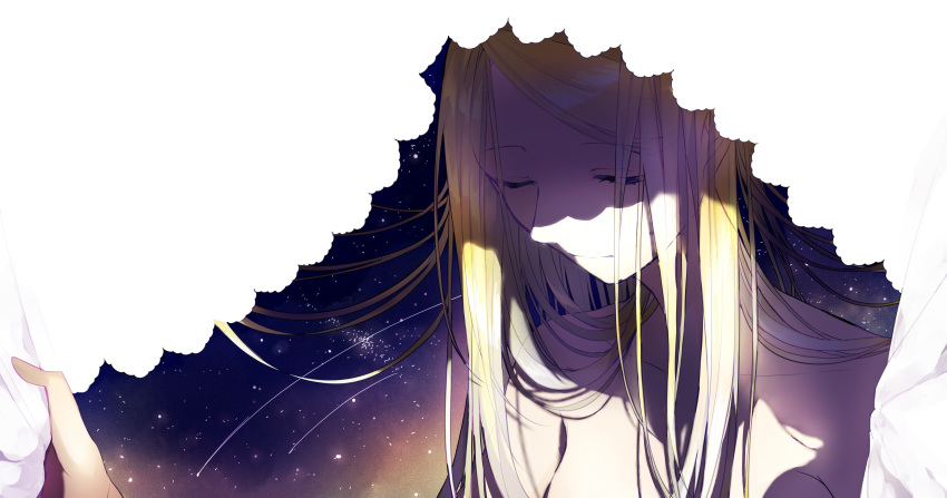 1girl absurdres blonde_hair closed_eyes closed_mouth curtains facing_viewer hands_up highres long_hair nude original sky sogawa solo star_(sky) starry_sky