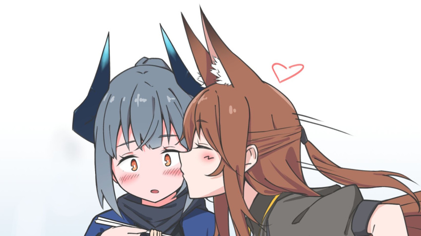 2girls animal_ears arknights blue_hair blush brown_hair cheek_kiss fox_ears franka_(arknights) heart highres horns kiss liskarm_(arknights) multiple_girls orange_eyes spoken_heart walk_alone yuri