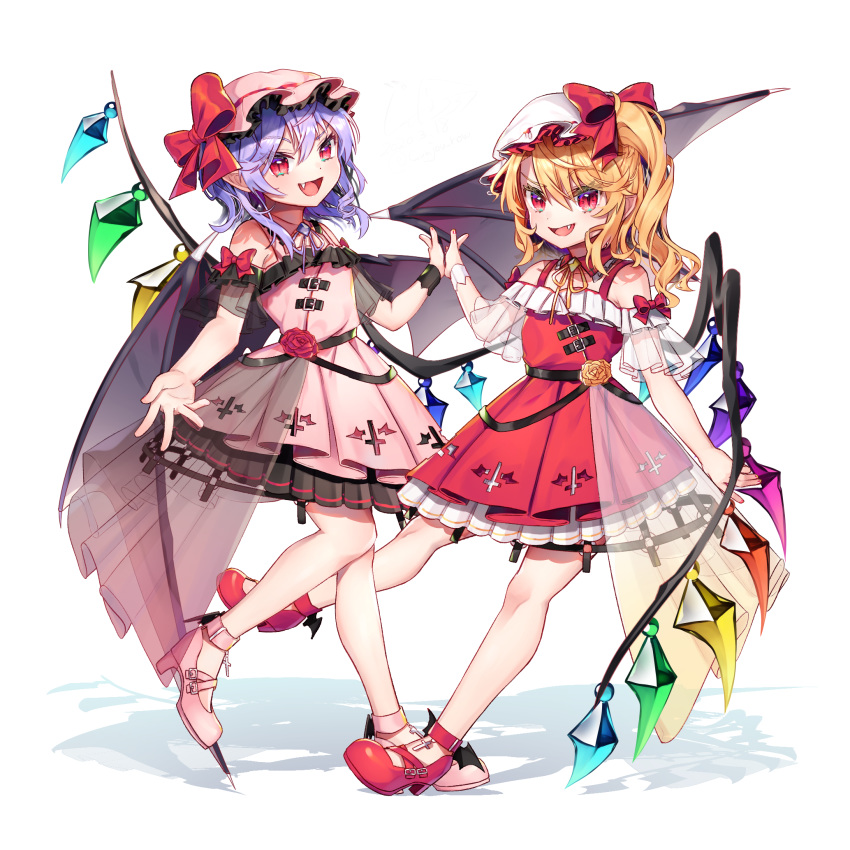 2girls :d adapted_costume asymmetrical_eyebrows bare_shoulders bat_wings belt blonde_hair blue_hair commentary_request cross dress eyebrows_visible_through_hair fang flandre_scarlet flower full_body gunjou_row hair_between_eyes hands_together hat hat_ribbon high_heels highres inverted_cross leg_lift looking_at_viewer mob_cap multiple_girls one_side_up open_mouth orange_flower orange_rose partial_commentary petticoat pink_dress pink_footwear pink_headwear raglan_sleeves red_dress red_eyes red_flower red_footwear red_nails red_rose remilia_scarlet ribbon rose see-through_sleeves shadow short_hair short_sleeves siblings simple_background sisters slit_pupils smile standing standing_on_one_leg touhou transparent_wings white_background white_headwear wings wrist_cuffs