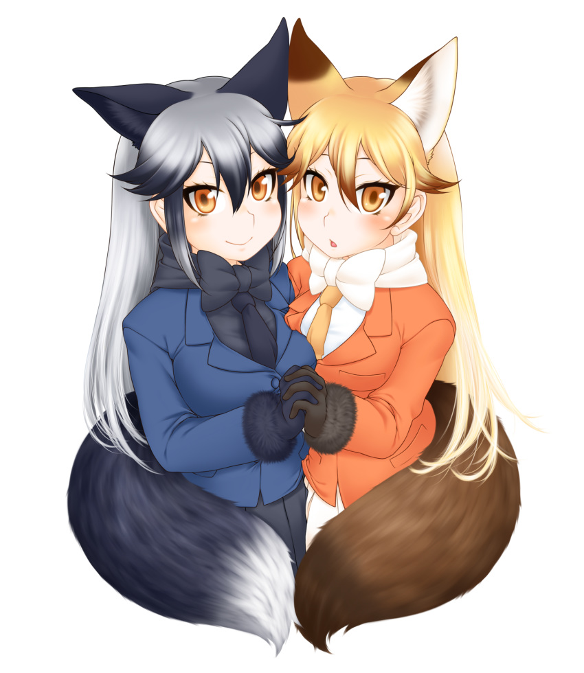 2girls animal_ears black_gloves black_skirt blue_jacket blush breasts brown_gloves commentary commentary_request extra_ears ezo_red_fox_(kemono_friends) fox_ears fox_tail fur-trimmed_sleeves fur_trim gloves highres holding_hands jacket kemono_friends long_hair looking_at_viewer medium_breasts morino_(morino03) multiple_girls open_mouth orange_jacket silver_fox_(kemono_friends) simple_background skirt tail white_background