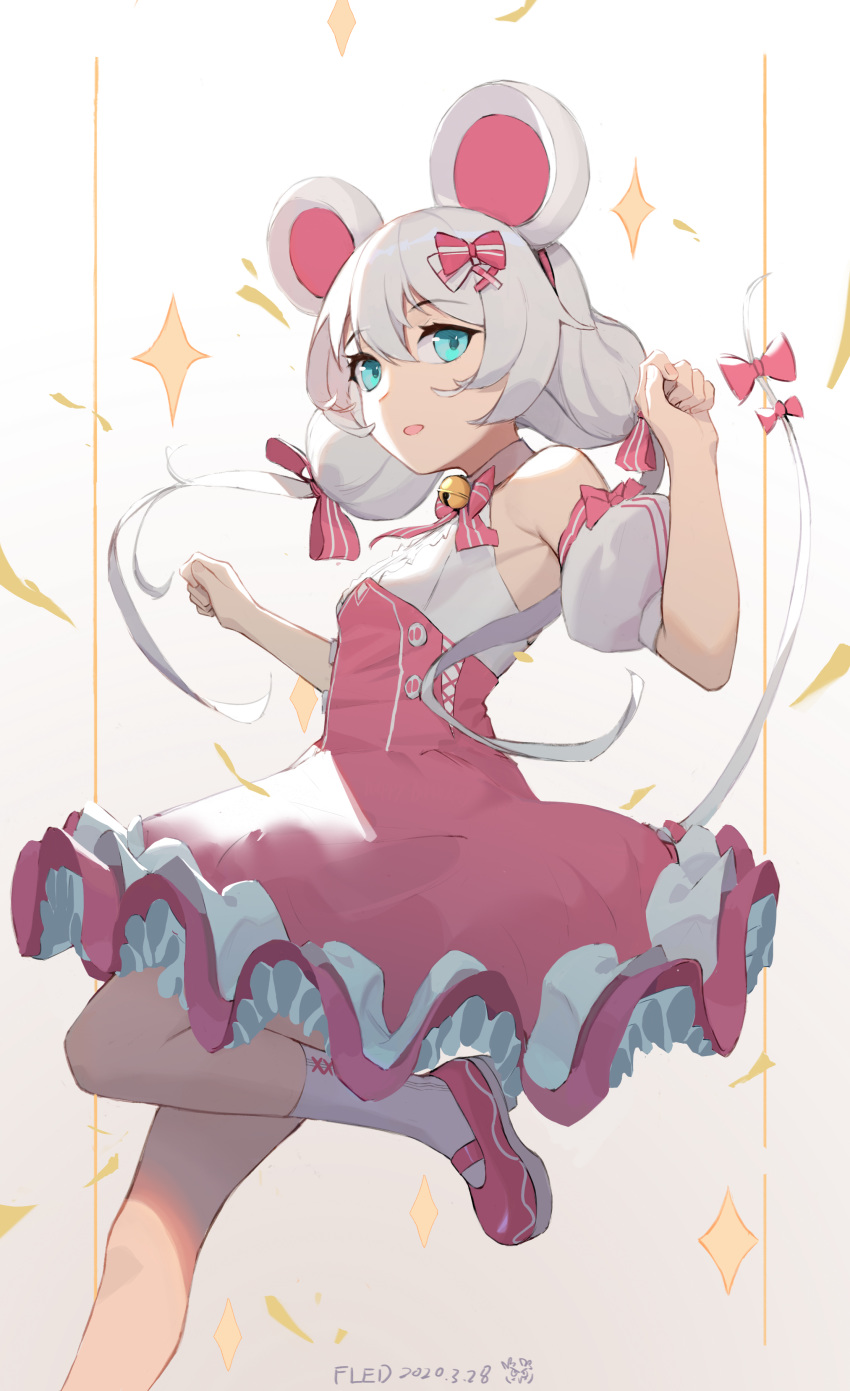 1girl :o absurdres animal_ears artist_name bangs bare_shoulders bell benghuai_xueyuan blue_eyes bow bowtie center_frills dated dress eyebrows_visible_through_hair fled hair_between_eyes hair_bow halter_dress highres honkai_(series) honkai_impact_3rd jingle_bell layered_dress long_hair looking_at_viewer low_twintails mary_janes mouse_ears mouse_tail pink_bow pink_dress pink_footwear shoes solo sparkle standing standing_on_one_leg tail tail_bow theresa_apocalypse twintails very_long_hair white_bow white_dress white_hair white_legwear