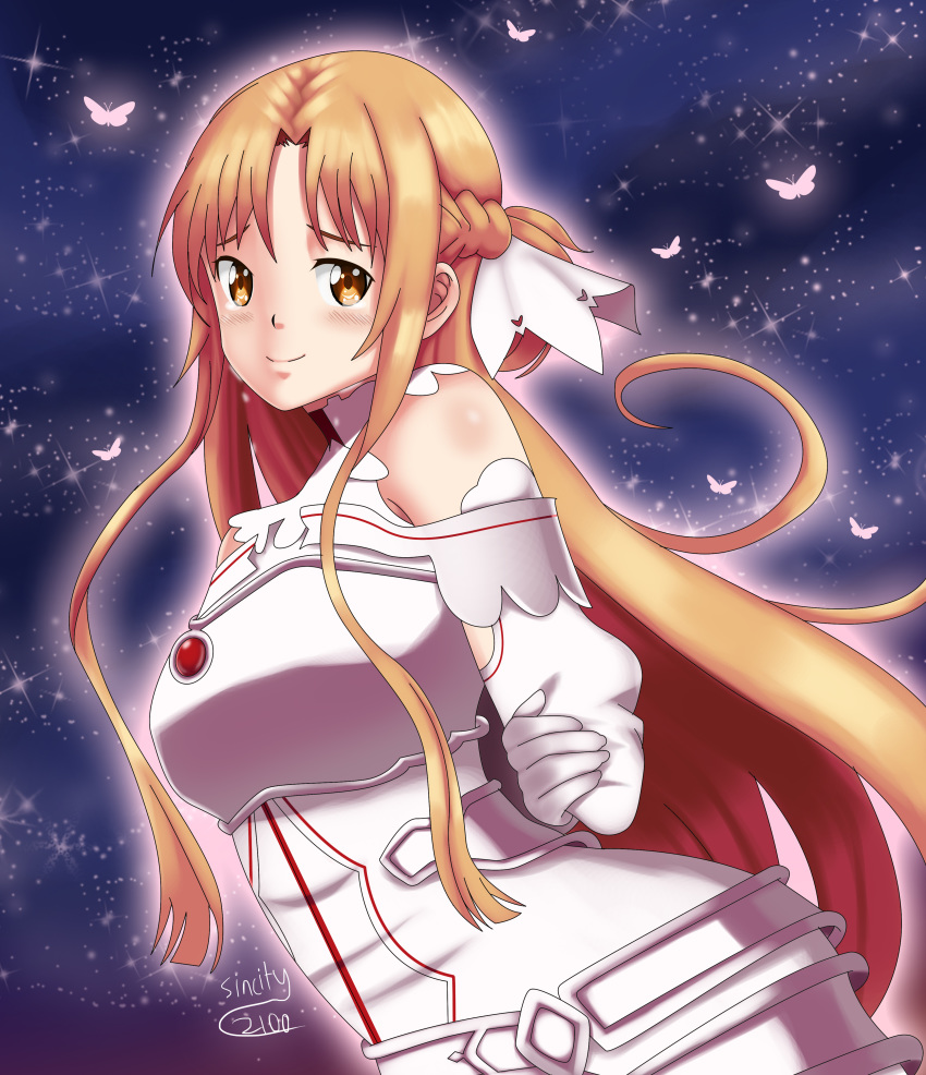 arms_behind_back asuna_(sao) blush braid breastplate brown_eyes brown_hair butterfly deviantart light_particles long_hair ponytail sincity2100 smile stars sword_art_online tears white_dress yuuki_asuna