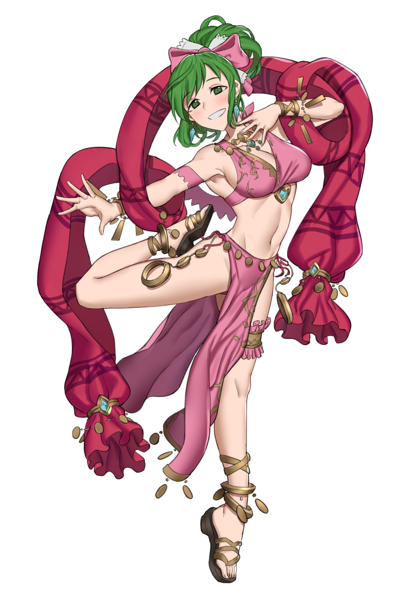 1girl absurdres anklet bow dancer ebinku fire_emblem fire_emblem:_genealogy_of_the_holy_war full_body green_eyes green_hair grin hair_bow high_heels highres jewelry lene_(fire_emblem) long_hair midriff navel pink_bow ponytail sandals simple_background smile solo white_background