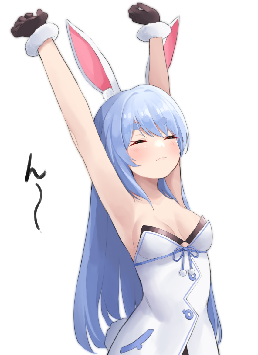 1girl absurdres animal_ear_fluff animal_ears armpits arms_up bare_shoulders benjamin4679 black_gloves blue_hair breasts bunny_girl closed_eyes dress facing_viewer fur_trim gloves hair_down highres hololive rabbit_ears small_breasts solo strapless usada_pekora virtual_youtuber white_dress