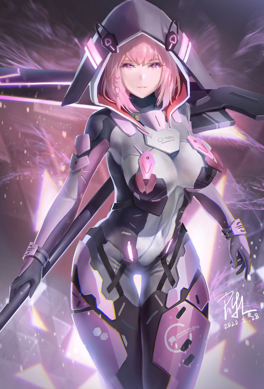 1girl absurdres armor artist_name bodysuit braid breasts covered_navel dated ella_(punishing:_gray_raven) glowing highres hood hood_up large_breasts looking_at_viewer pink_eyes pink_hair punishing:_gray_raven scythe short_hair side_braid skin_tight solo zhehewofu_huayou_shemeguanx
