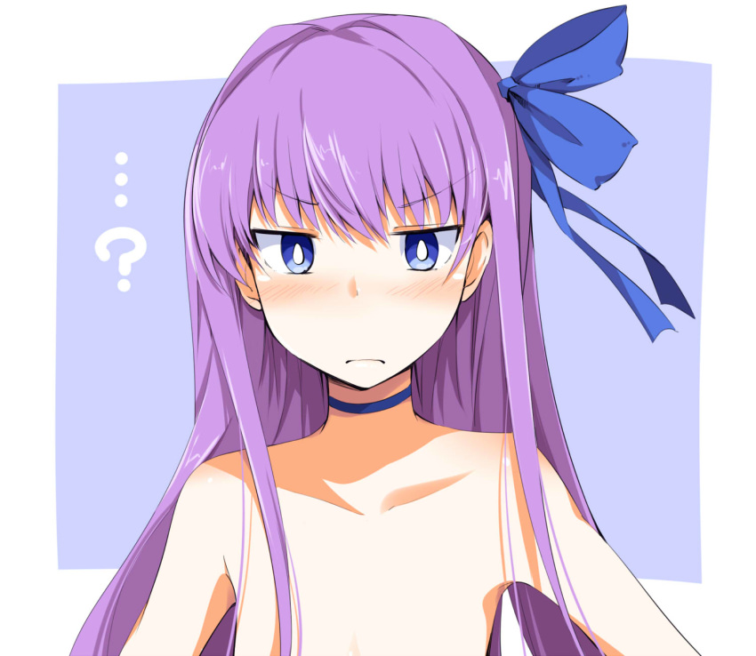 1girl ? bangs bare_shoulders blue_background blue_eyes blue_ribbon blush border breasts chata_maru_(irori_sabou) choker closed_mouth fate/grand_order fate_(series) frown hair_ribbon highres long_hair looking_at_viewer meltryllis meltryllis_(swimsuit_lancer)_(fate) purple_hair ribbon small_breasts solo very_long_hair white_border