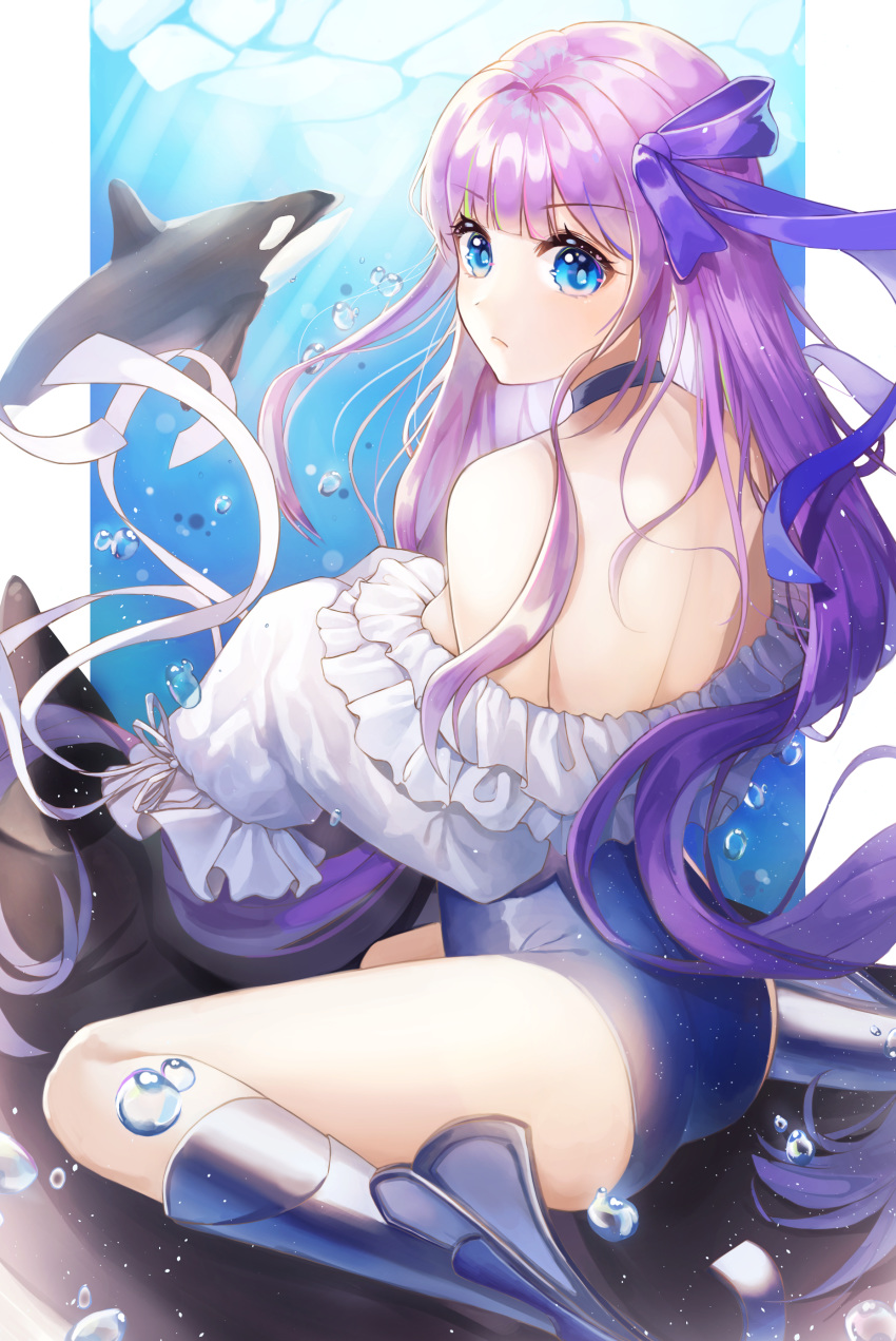 1girl absurdres air_bubble ass back bangs bare_shoulders blue_eyes blue_ribbon blush breasts bubble choker collarbone fate/grand_order fate_(series) frills greaves hair_ribbon highleg highleg_swimsuit highres long_hair long_sleeves looking_at_viewer looking_back meltryllis meltryllis_(swimsuit_lancer)_(fate) ocean off-shoulder_swimsuit one-piece_swimsuit orca prosthesis prosthetic_leg puffy_sleeves purple_hair ribbon riding sleeves_past_fingers sleeves_past_wrists small_breasts solo swimsuit thighs underwater very_long_hair white_ribbon yulmung_ym