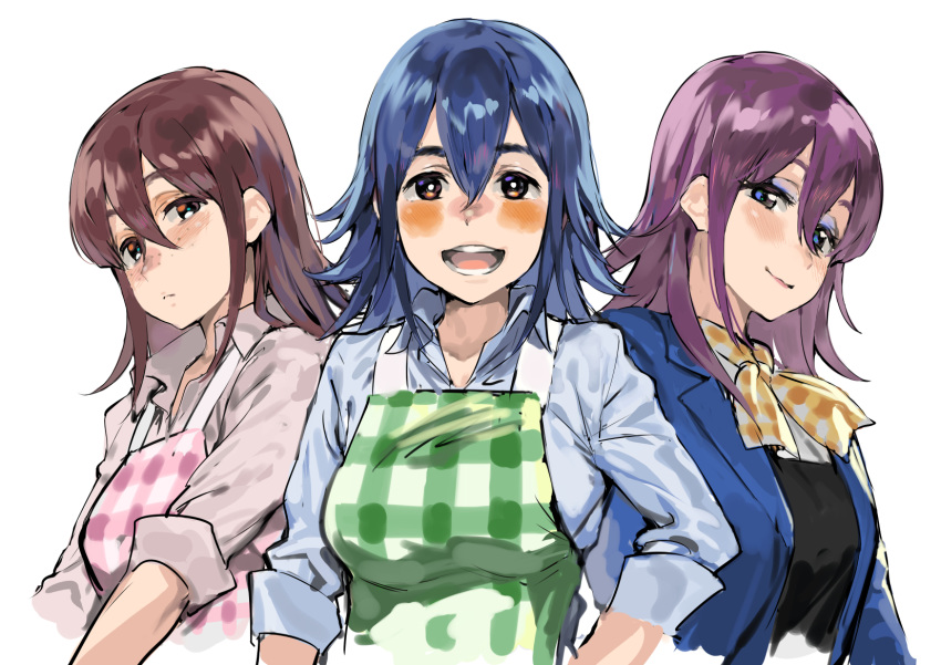 3girls apron asami_(doubutsu_no_mori) bangs blue_eyes blue_hair blush breasts brown_eyes brown_hair closed_mouth doubutsu_no_mori formal freckles highres iku_(ikuchan_kaoru) keito_(doubutsu_no_mori) kinuyo_(doubutsu_no_mori) long_hair looking_at_viewer makeup medium_breasts multiple_girls open_mouth parted_bangs personification purple_hair ribbon shiny shiny_hair shirt smile suit thick_eyebrows