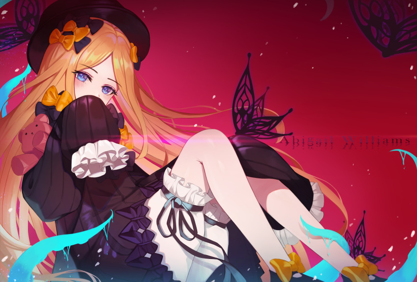 1girl abigail_williams_(fate/grand_order) absurdres bangs black_bow blonde_hair blue_eyes blush bow bug butterfly character_name commentary_request fate/grand_order fate_(series) hair_bow highres insect long_hair looking_at_viewer nani_(goodrich) object_hug orange_bow parted_bangs pink_background sleeves_past_fingers sleeves_past_wrists solo stuffed_animal stuffed_toy teddy_bear