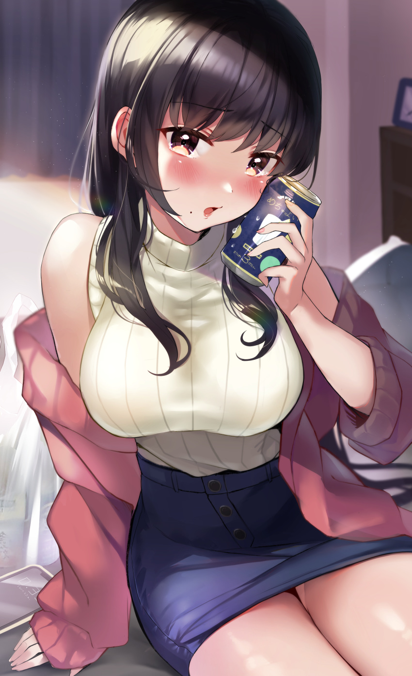 1girl absurdres alcohol bangs bare_shoulders bed beer_can black_hair blue_skirt blurry blush breasts brown_eyes can commentary_request depth_of_field drunk eyebrows_visible_through_hair hand_up highres holding holding_can jacket large_breasts long_hair long_sleeves looking_at_viewer mole monoto off_shoulder open_mouth original pencil_skirt pillow pink_jacket sidelocks sitting skirt solo sweater sweater_vest thighs white_sweater