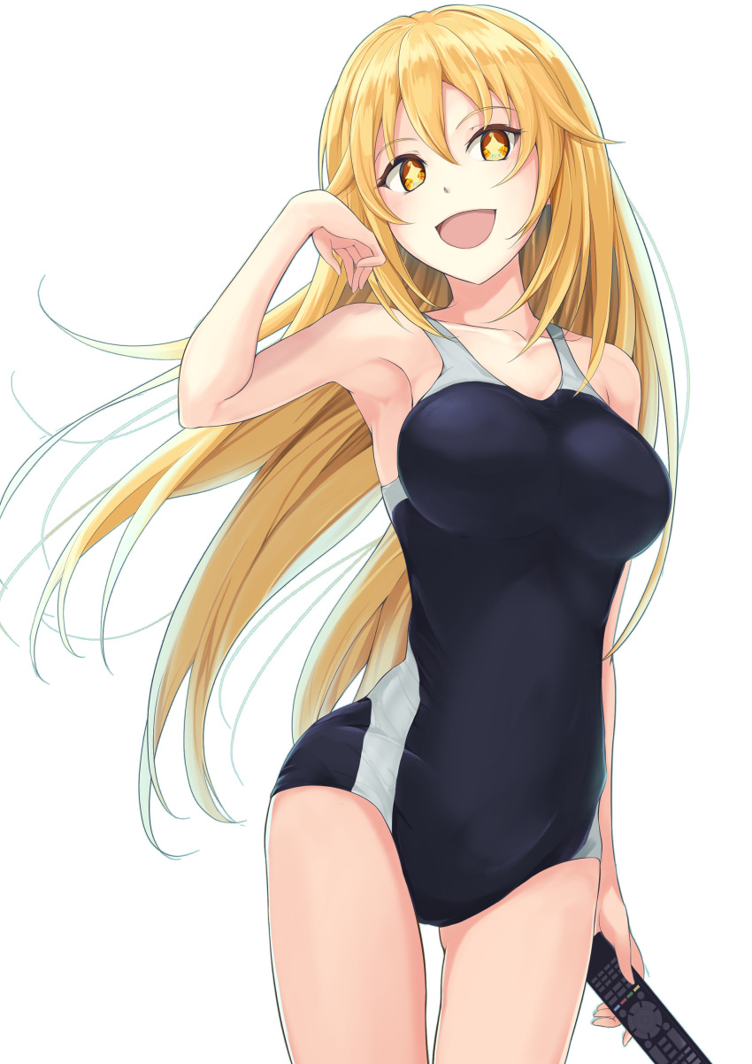 +_+ 1girl absurdres black_swimsuit blonde_hair breasts collarbone commentary_request competition_swimsuit controller cowboy_shot highres k3rd large_breasts long_hair looking_at_viewer one-piece_swimsuit remote_control shokuhou_misaki simple_background smile solo swimsuit to_aru_kagaku_no_railgun to_aru_majutsu_no_index white_background yellow_eyes