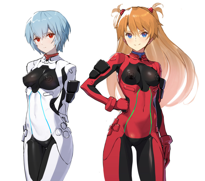 2girls arms_behind_back ayanami_rei blue_eyes blue_hair commentary_request controller dualsense game_controller hair_ornament hand_on_hip highres long_hair looking_at_viewer multiple_girls neon_genesis_evangelion playstation_5 plugsuit red_eyes short_hair siino simple_background sony souryuu_asuka_langley