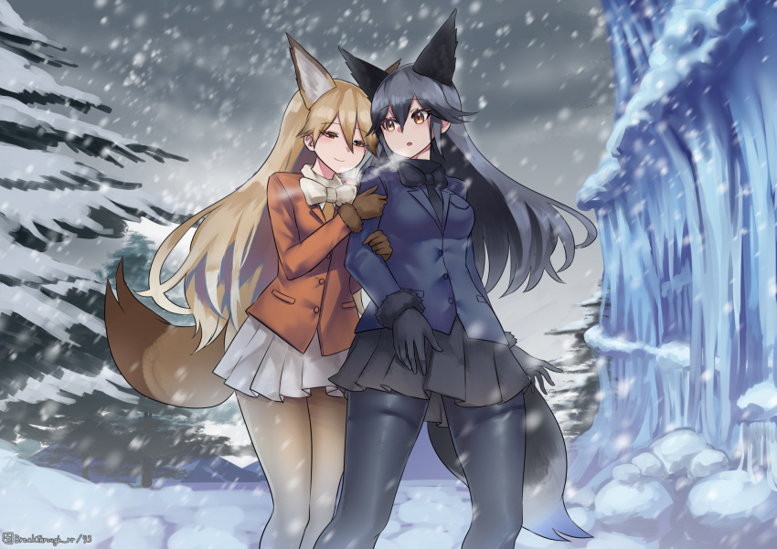 2girls animal_ears black_gloves black_legwear black_skirt blue_jacket breast_pocket breasts brown_gloves commentary commentary_request extra_ears eyebrows_visible_through_hair ezo_red_fox_(kemono_friends) forest fox_ears fox_tail fur-trimmed_sleeves fur_trim gloves gradient gradient_legwear grey_hair highres holding holding_arm jacket kemono_friends long_hair looking_at_another looking_back looking_to_the_side medium_breasts multiple_girls nature open_mouth orange_jacket outdoors pocket riro_(breakthrough_rr) silver_fox_(kemono_friends) skirt snow snowing tail white_legwear white_neckwear white_skirt