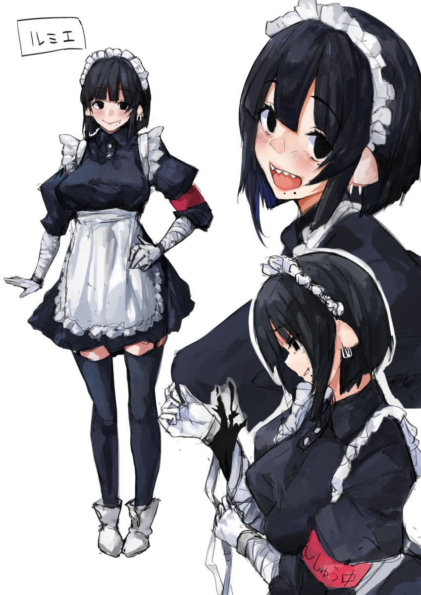 1girl armband bandaged_arm bandages black_eyes black_hair black_legwear blush closed_mouth commentary_request earrings eyebrows_visible_through_hair frills gloves highres jewelry maid medium_hair mole mole_under_eye mole_under_mouth oosaki_356 open_mouth original parted_lips shadow sharp_teeth simple_background sketch smile tears teeth thigh-highs tongue upper_body white_background white_footwear white_gloves
