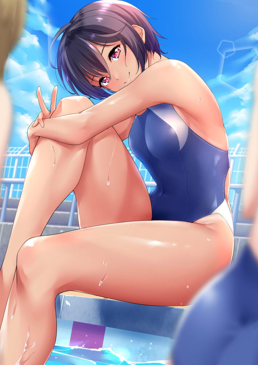 3girls black_hair blue_sky blue_swimsuit breasts clouds competition_swimsuit cowboy_shot day highres kanabun lens_flare looking_at_viewer multiple_girls one-piece_swimsuit original outdoors pool poolside red_eyes short_hair sitting sky small_breasts smile solo_focus swimsuit symbol_commentary tomboy v water