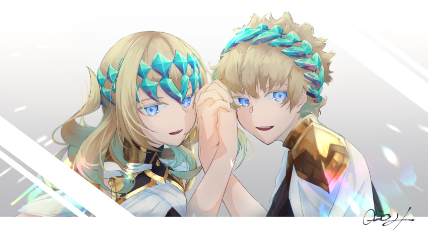 1boy 1girl black_shirt blonde_hair blue_eyes breasts brother_and_sister castor_(fate/grand_order) collar diadem fate/grand_order fate_(series) gradient gradient_background grey_background highres holding_hands interlocked_fingers light_particles medium_hair metal_collar open_mouth pauldrons pollux_(fate/grand_order) shin'ya_(yukiura) shirt short_hair siblings signature small_breasts smile twins white_robe