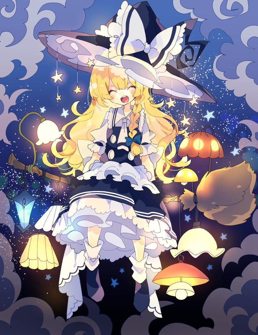 1girl apron back_bow black_headwear black_skirt black_vest blonde_hair blue_bow blush_stickers bow braid broom broom_riding closed_eyes clouds commentary facing_viewer frills full_body glowing hair_bow hat hat_bow highres kirisame_marisa lamp long_hair necktie nikorashi-ka open_mouth shirt short_necktie short_sleeves sidesaddle single_braid skirt sky smile solo star star_(sky) starry_sky touhou vest waist_apron white_bow white_legwear white_neckwear white_shirt witch_hat