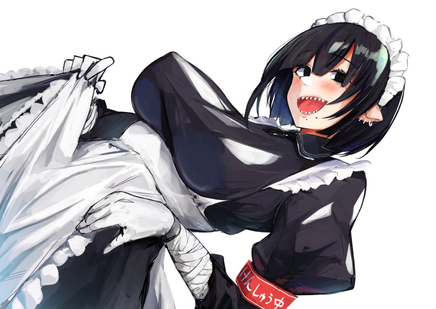 1girl armband bandaged_arm bandages black_eyes black_hair blush covered_nipples earrings eyebrows_visible_through_hair gloves highres jewelry maid maid_headdress mole mole_under_eye mole_under_mouth oosaki_356 open_mouth original pink_lips pointy_ears puffy_sleeves sharp_teeth short_hair simple_background sketch smile solo teeth white_background white_gloves