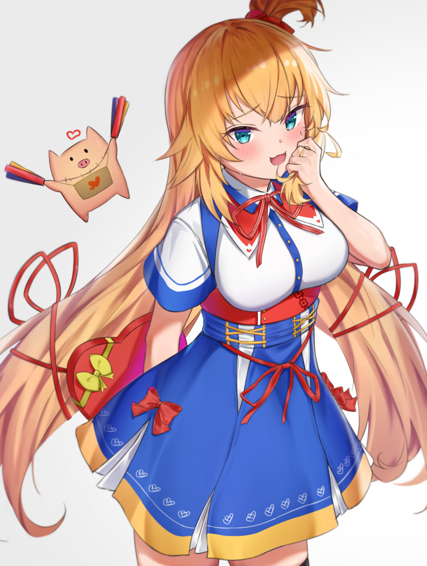 1girl absurdres akai_haato bangs blonde_hair blue_dress blue_eyes blush breasts commentary_request dress eyebrows_visible_through_hair hair_ornament heart highres hololive large_breasts long_hair looking_at_viewer one_side_up open_mouth pig red_ribbon ribbon short_sleeves simple_background smile solo thigh-highs virtual_youtuber wang_man white_background