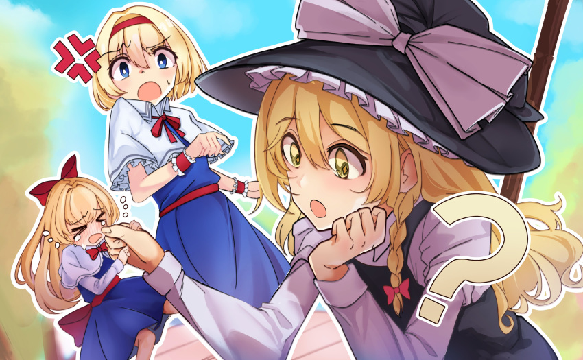 &gt;_&lt; 3girls :o ? absurdres alice_margatroid anger_vein bangs blonde_hair blue_dress blue_eyes bow braid capelet cheek_pinching chin_rest commentary_request d: day dress dx eyebrows_visible_through_hair hair_between_eyes hair_ribbon hairband hat hat_bow highres juliet_sleeves kirisame_marisa long_hair long_sleeves minigirl multiple_girls open_mouth outdoors outline pinching puffy_sleeves red_ribbon redhead ribbon sash shanghai_doll short_hair short_sleeves side_braid single_braid tearing_up touhou white_bow white_outline witch_hat wrist_cuffs yellow_eyes yuenao