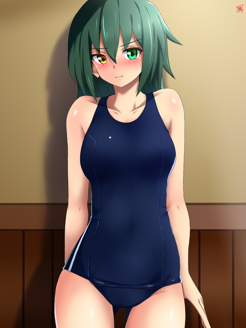 1girl blue_swimsuit covered_navel cowboy_shot green_eyes green_hair heterochromia highres kantai_collection kiso_(kantai_collection) one-piece_swimsuit school_swimsuit sebunsu short_hair solo standing swimsuit yellow_eyes