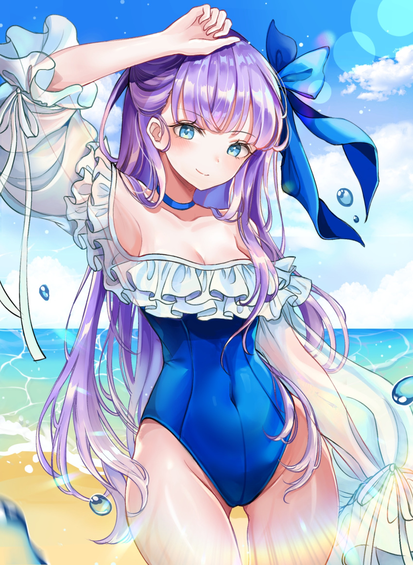 1girl arm_up aseris bangs bare_shoulders beach blue_eyes blue_ribbon blue_sky blush breasts choker closed_mouth collarbone covered_navel fate/grand_order fate_(series) frills hair_ribbon highleg highleg_swimsuit highres long_hair long_sleeves looking_at_viewer meltryllis meltryllis_(swimsuit_lancer)_(fate) off-shoulder_swimsuit one-piece_swimsuit puffy_sleeves purple_hair ribbon sky sleeves_past_fingers sleeves_past_wrists small_breasts smile solo swimsuit thighs very_long_hair water_drop white_ribbon