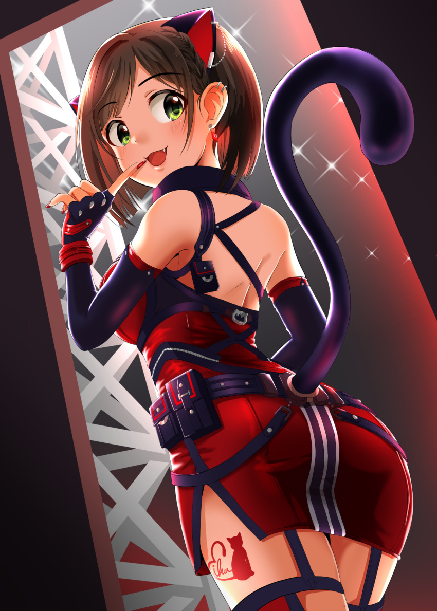 1girl :d animal_ears ass back black_gloves blush breasts brown_hair cat_ears cat_tail commentary_request dress ear_piercing earrings elbow_gloves eyebrows_visible_through_hair fang finger_to_mouth fingerless_gloves gloves green_eyes highres idolmaster idolmaster_cinderella_girls idolmaster_cinderella_girls_starlight_stage jewelry large_breasts lips looking_at_viewer looking_back maekawa_miku open_mouth piercing red_dress red_nails short_hair smile solo standing swepot tail tattoo thigh-highs thigh_tattoo