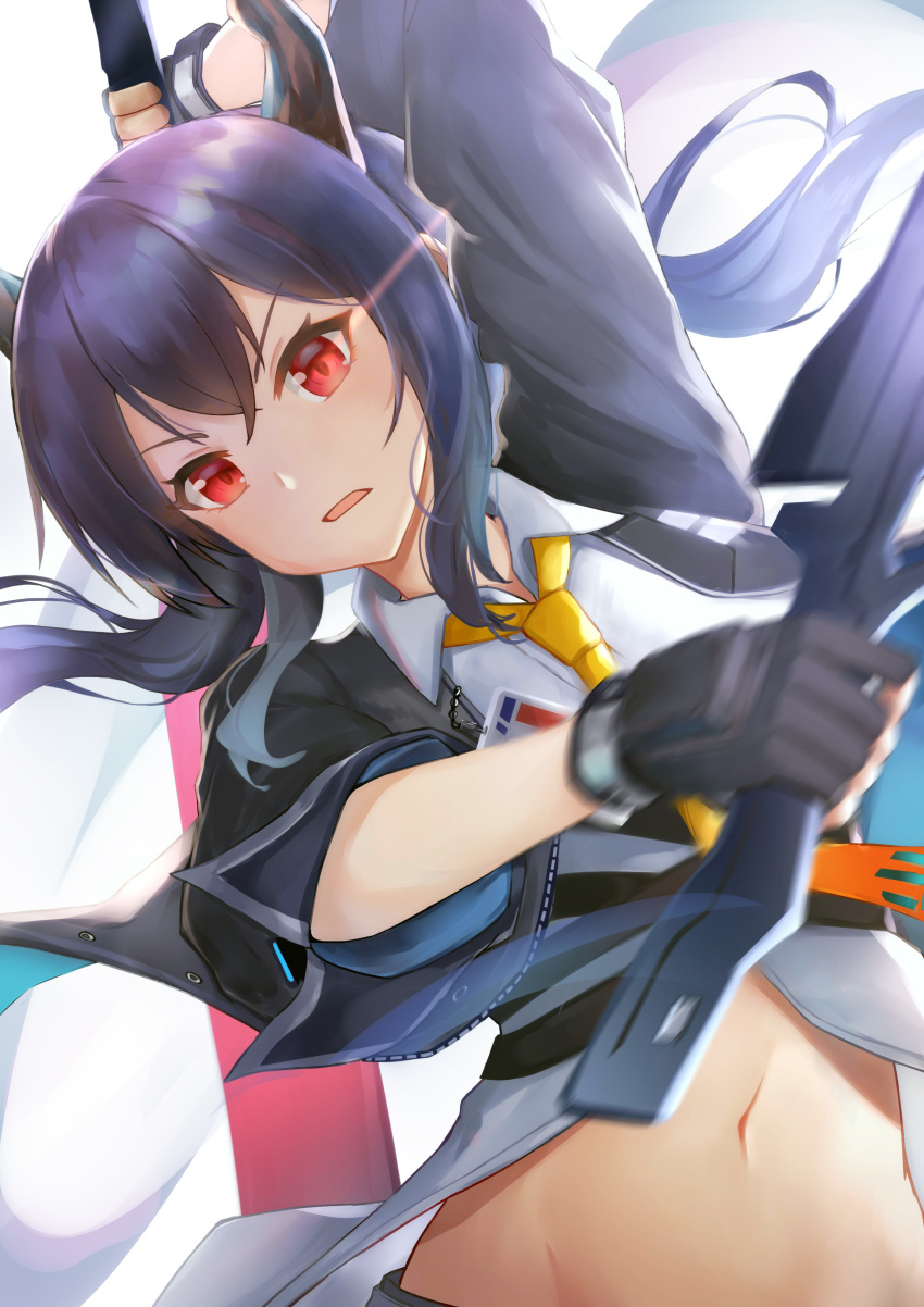 1girl absurdres arknights arm_up bad_anatomy bangs black_gloves black_jacket blue_hair ch'en_(arknights) commentary_request dragon_horns dual_wielding fingerless_gloves gloves highres holding holding_sword holding_weapon horns jacket koi0806 long_hair looking_at_viewer midriff navel necktie open_clothes open_jacket open_mouth partial_commentary red_eyes shirt solo stomach sword upper_body weapon white_shirt yellow_neckwear