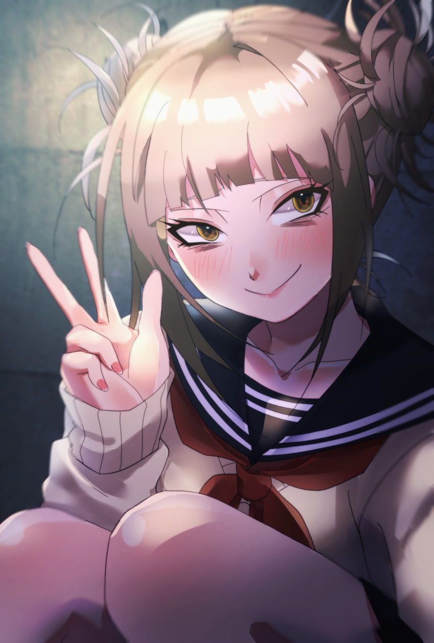 1girl bangs blonde_hair blunt_bangs boku_no_hero_academia cardigan double_bun highres long_sleeves looking_at_viewer messy_hair nengajou new_year school_uniform serafuku short_hair sleeves_past_wrists smile solo taneta toga_himiko v yellow_eyes