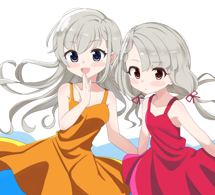 2girls :d bangs bare_arms bare_shoulders blue_background blue_eyes blush_stickers braid breasts brown_dress brown_eyes collarbone dress eyebrows_visible_through_hair grey_hair hair_ribbon hand_to_own_mouth hand_up highres hisakawa_hayate hisakawa_nagi idolmaster idolmaster_cinderella_girls idolmaster_cinderella_girls_starlight_stage long_hair low_twintails multiple_girls open_mouth parted_lips red_dress red_ribbon ribbon shiwa_(siwaa0419) siblings sisters sleeveless sleeveless_dress small_breasts smile twins twintails two-tone_background very_long_hair white_background