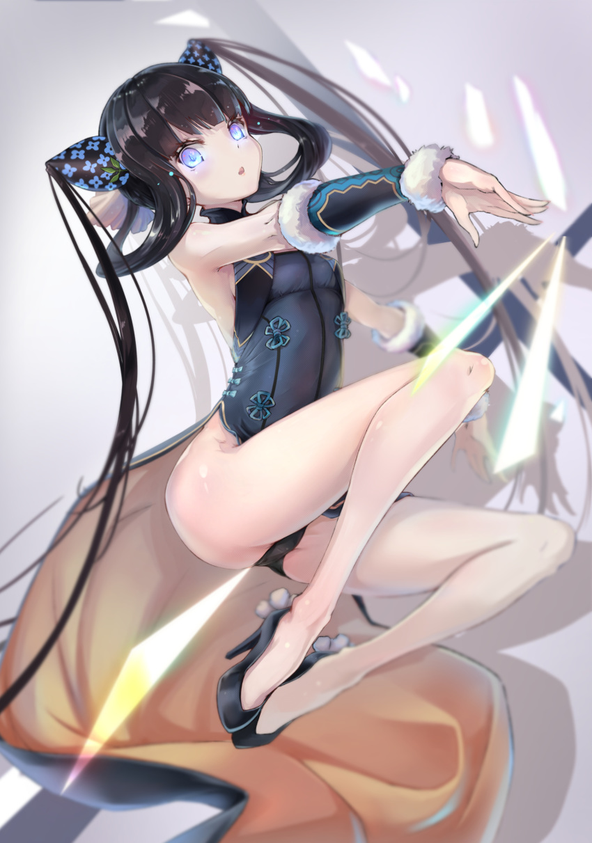 1girl absurdres bangs bare_shoulders black_dress black_footwear blue_eyes blunt_bangs blush breasts china_dress chinese_clothes detached_sleeves dress fate/grand_order fate_(series) hair_ornament high_heels highres leaf_hair_ornament legs long_hair looking_at_viewer medium_breasts muramasa_(sg_epk) open_mouth purple_hair side_slit sidelocks solo twintails very_long_hair yang_guifei_(fate/grand_order)