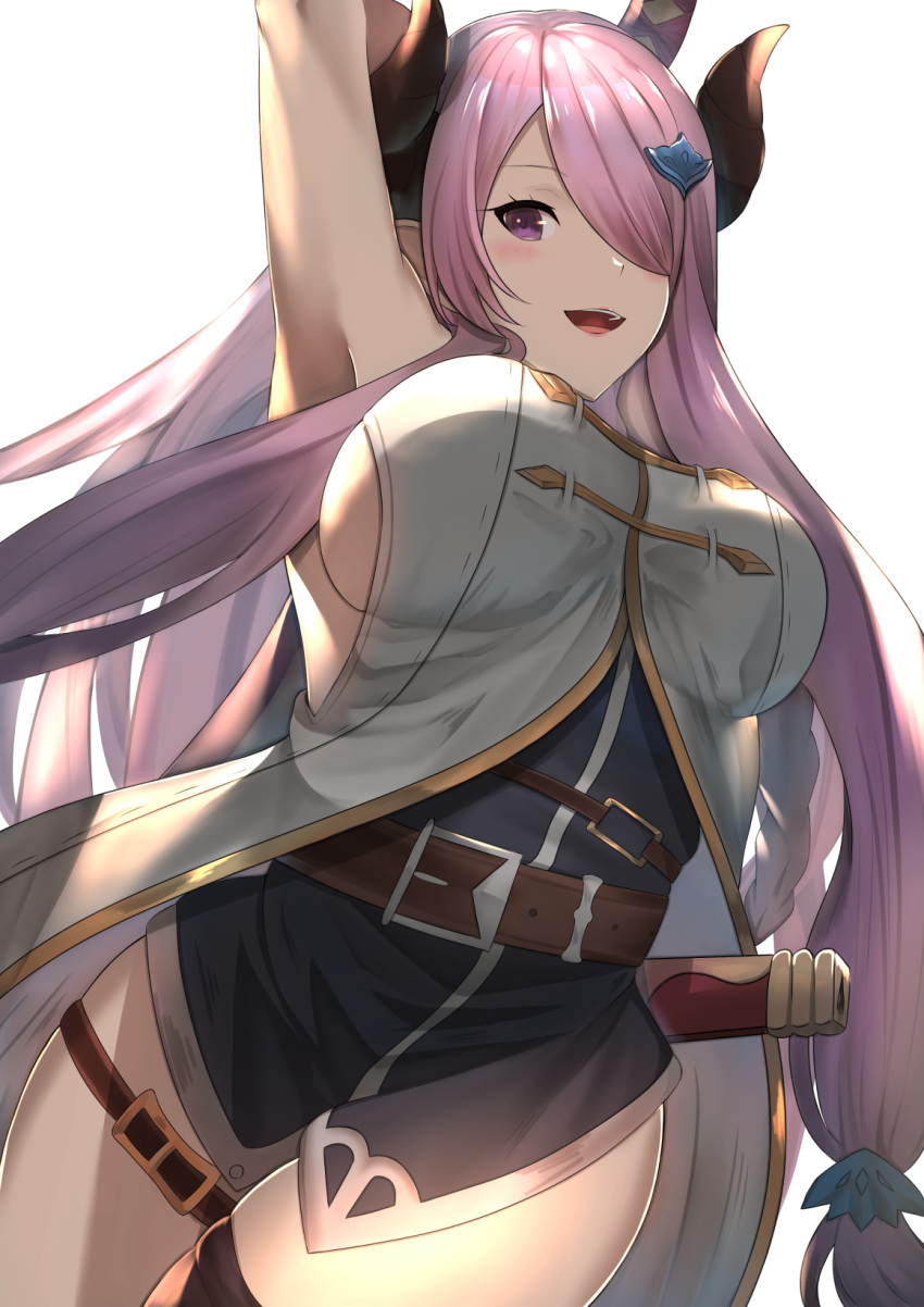 1girl arm_up armpits bangs belt blush breasts coat cover cover_page draph granblue_fantasy hair_ornament hair_over_one_eye highres holding horns large_breasts long_hair looking_at_viewer narmaya_(granblue_fantasy) open_mouth parted_bangs pink_hair pointy_ears sheath shiny shiny_hair shun'en_(homura0620alicia) sidelocks simple_background sleeveless smile solo thigh_strap thighs violet_eyes white_background
