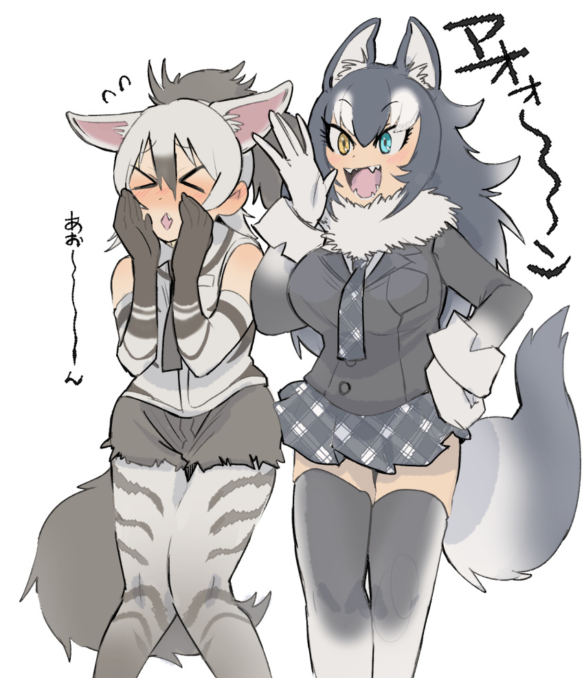 &gt;_&lt; 2girls aardwolf_(kemono_friends) aardwolf_ears aardwolf_print aardwolf_tail animal_ears aqua_eyes bangs bare_shoulders black_hair black_shorts blazer blush breast_pocket closed_eyes collared_shirt cutoffs ear_blush ears_down elbow_gloves embarrassed extra_ears eyebrows_visible_through_hair fang fangs feet_out_of_frame flying_sweatdrops fur_collar furrowed_eyebrows gloves grey_hair grey_wolf_(kemono_friends) hair_between_eyes hand_on_hip hand_to_own_mouth hand_up hands_up heterochromia high_ponytail highres howling igarashi_(nogiheta) jacket kemono_friends knees_together_feet_apart legs_together legwear_under_shorts long_hair long_sleeves looking_afar microskirt multicolored_hair multiple_girls necktie nose_blush open_mouth pantyhose plaid plaid_neckwear plaid_skirt pocket print_gloves print_legwear print_shirt shirt short_shorts shorts side-by-side simple_background skirt sleeveless sleeveless_shirt smile standing tail thigh-highs thigh_gap two-tone_hair white_background wolf_ears wolf_girl wolf_tail yellow_eyes zettai_ryouiki