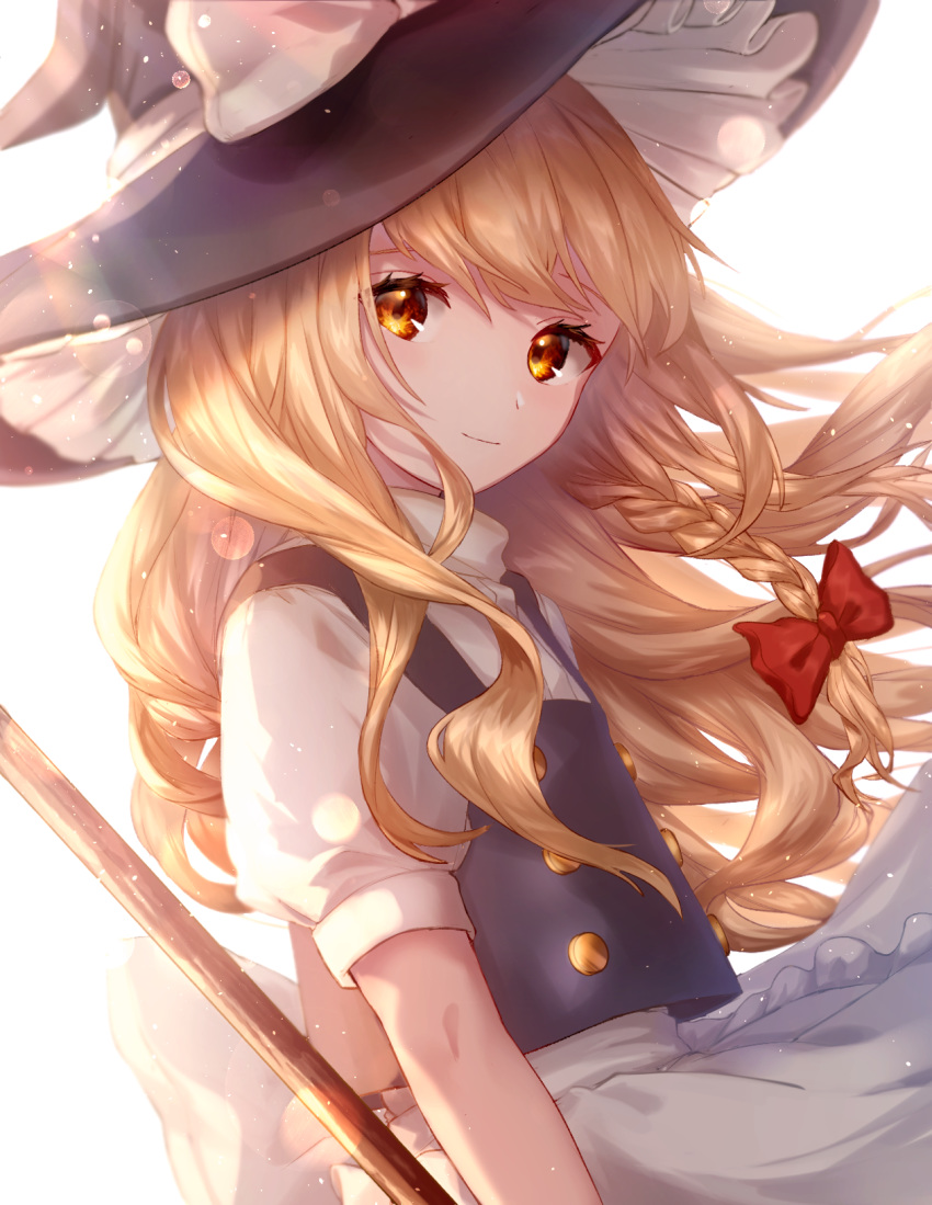 1girl apron arm_at_side bangs black_skirt black_vest blonde_hair blurry bokeh braid broom commentary depth_of_field flat_chest floating_hair hair_ribbon hat hat_ribbon head_tilt highres holding holding_broom kirisame_marisa light_smile long_hair looking_at_viewer mozuno_(mozya_7) puffy_short_sleeves puffy_sleeves ribbon shirt short_sleeves simple_background single_braid skirt solo swept_bangs touhou tress_ribbon upper_body very_long_hair vest waist_apron white_background white_shirt witch_hat yellow_eyes