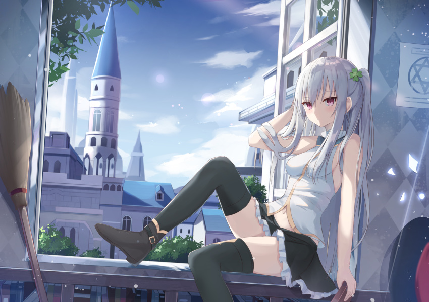 1girl bangs bare_shoulders belly_peek black_legwear blue_sky blush breasts broom building day dutch_angle frilled_skirt frills highres knee_up long_hair looking_at_viewer miniskirt navel open_window original pleated_skirt red_eyes shirt shoes side_ponytail silver_hair sitting skirt sky sleeveless sleeveless_shirt small_breasts solo thigh-highs touhourh window zettai_ryouiki