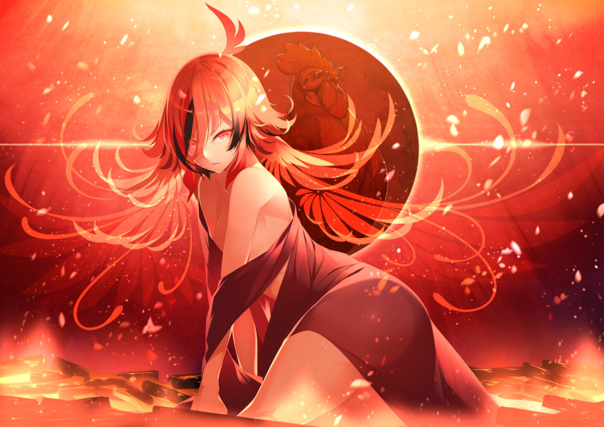 1girl ahoge animare bare_shoulders bird breasts chicken cloak cowboy_shot dress fire hair_between_eyes hair_wings highres kazami_kuku kokka_han light_particles looking_at_viewer medium_hair molten_rock off_shoulder parted_lips red_background red_dress red_eyes red_theme redhead rooster solo