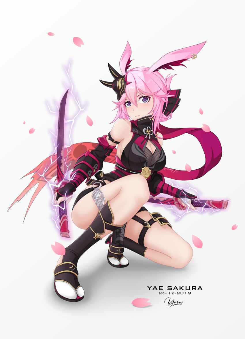 1girl absurdres animal_ears aramake arm_guards bare_shoulders black_kimono black_panties blue_eyes blush breasts bridal_gauntlets character_name cherry_blossoms cleavage_cutout dated dual_wielding ear_piercing electricity folded_ponytail fox_ears full_body hair_between_eyes highres holding holding_sword holding_weapon honkai_(series) honkai_impact_3rd japanese_clothes kimono large_breasts long_hair looking_at_viewer mask mask_on_head ninja obi one_knee panties petals piercing pink_hair purple_scarf sash scarf sleeveless sleeveless_kimono solo sword tabi thigh_strap underwear violet_eyes weapon yae_sakura