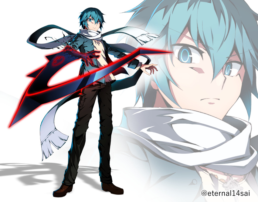 14sai14row 1boy arm_blade artist_name asymmetrical_arms blue_eyes blue_hair bois_de_justice close-up commentary_request dies_irae eyebrows_visible_through_hair fujii_ren full_body jacket jewelry looking_at_viewer necklace scarf serious shadow solo torn_clothes weapon white_background white_scarf
