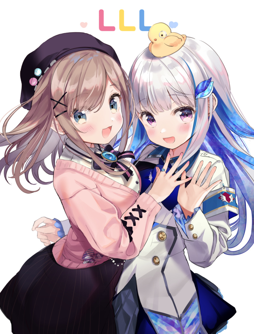 2girls armband bangs blue_eyes blue_hair blunt_bangs blush bow brown_hair commentary_request hair_bow hair_ornament highres jacket kanda_done lize_helesta long_hair long_sleeves looking_at_viewer medium_hair multicolored_hair multiple_girls nail_polish nijisanji open_hand open_mouth partial_commentary pink_cardigan pink_nails sebastian_piyodore shirt simple_background smile striped suzuhara_lulu two-tone_hair upper_body violet_eyes virtual_youtuber white_background white_hair x_hair_ornament