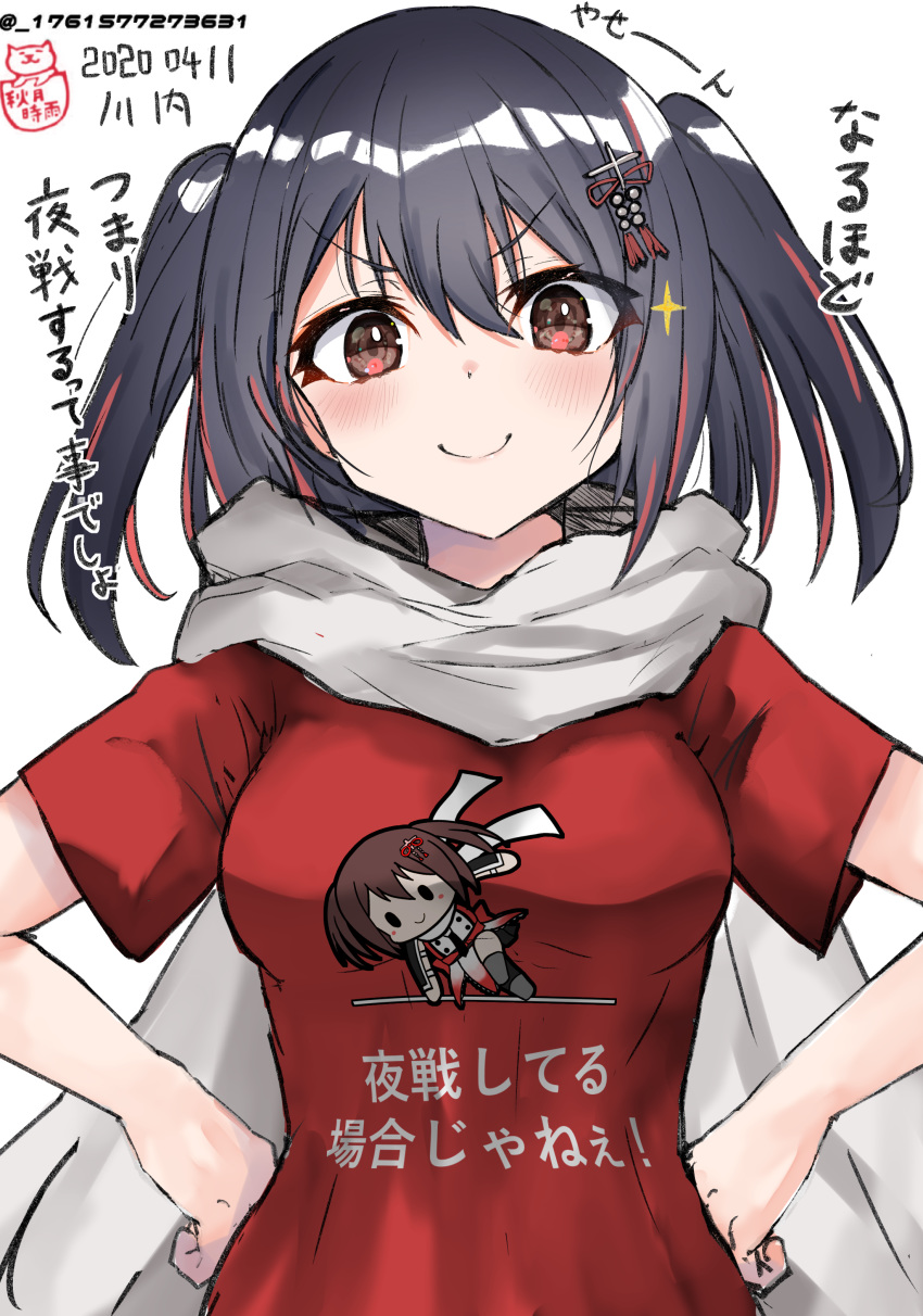 1girl 51_(akiduki) absurdres alternate_costume black_hair blush breasts brown_eyes closed_mouth commentary_request dated hair_ornament hairclip hand_on_hip highres kantai_collection looking_at_viewer medium_breasts multicolored_hair red_shirt redhead scarf sendai_(kantai_collection) shirt short_hair smile solo translation_request two_side_up white_scarf