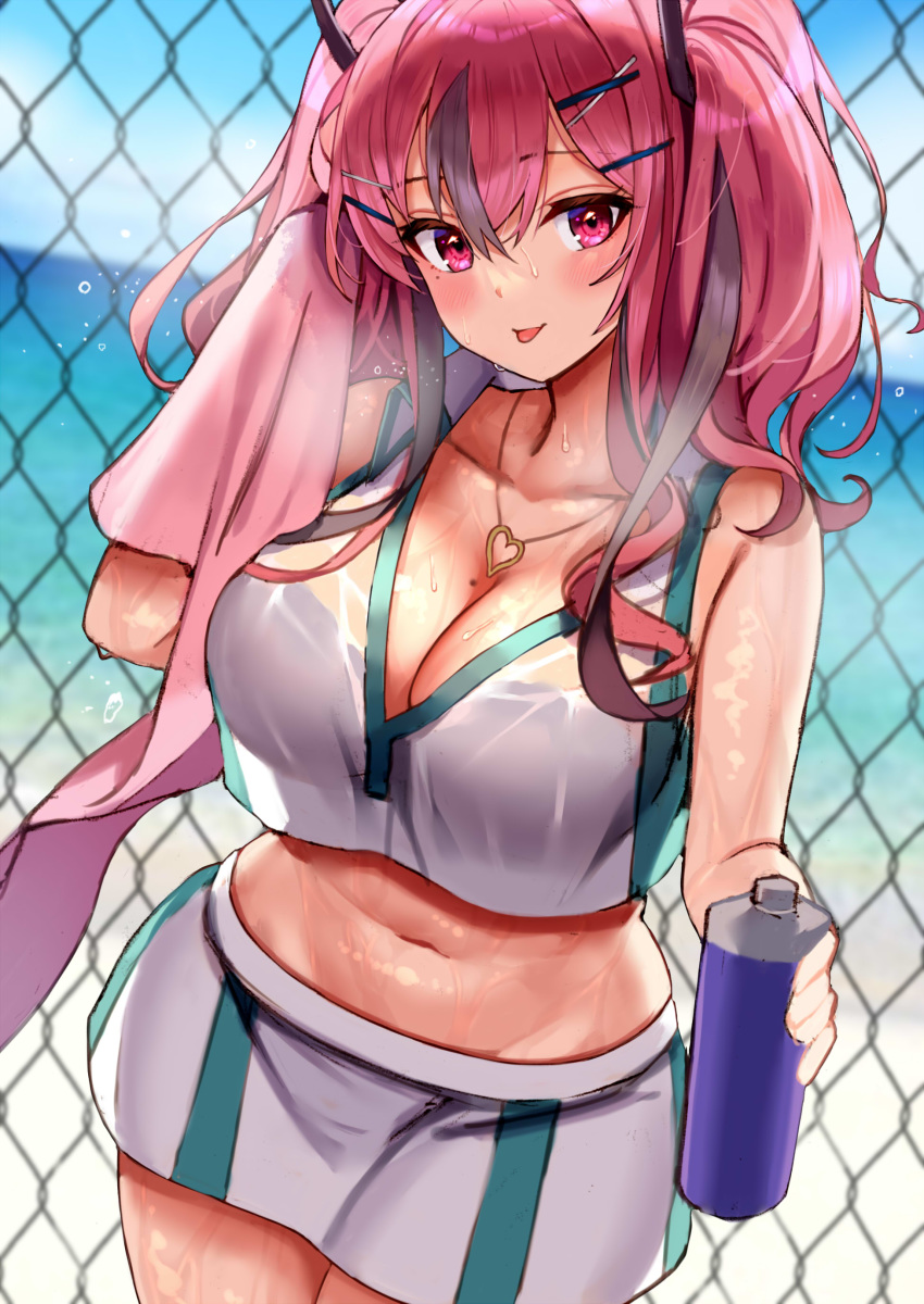 1girl absurdres azur_lane bangs bare_shoulders beach blue_sky bow breasts bremerton_(azur_lane) bremerton_(scorching-hot_training)_(azur_lane) chain-link_fence collarbone commentary_request crop_top crop_top_overhang day denchu_(kazudentyu) drying eyebrows_visible_through_hair fence grey_hair hair_between_eyes hair_bow hair_ornament hairclip heart heart_necklace highres large_breasts long_hair looking_at_viewer midriff mole mole_on_breast multicolored_hair navel ocean outdoors pink_hair see-through shiny shiny_skin sky sportswear streaked_hair sweat tennis_uniform tongue tongue_out towel twintails two-tone_hair two-tone_shirt two-tone_skirt wet wet_clothes work_in_progress x_hair_ornament
