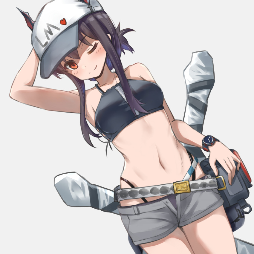 1girl ;) absurdres arknights arm_up armpits bangs bare_arms bare_shoulders baseball_cap belt bikini black_bikini black_hair blush breasts ch'en_(arknights) commentary_request cowboy_shot dragon_horns dutch_angle grey_background grey_shorts hat highleg highleg_bikini highres horns horns_through_headwear koi0806 long_hair looking_at_viewer medium_breasts navel one_eye_closed partial_commentary pouch red_eyes short_shorts shorts sidelocks simple_background smile solo standing stomach swimsuit watch watch