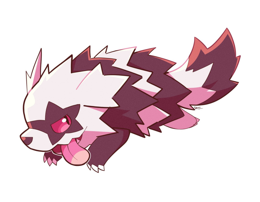 :p artsy-rc commentary english_commentary full_body galarian_zigzagoon gen_8_pokemon highres looking_at_viewer no_humans pokemon pokemon_(creature) signature simple_background smile solo tongue tongue_out white_background