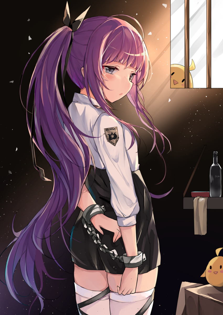 1girl absurdres alcohol azur_lane bird blue_eyes blush bound bound_arms chain cuffs eyebrows_visible_through_hair feng_mao_mc hair_ribbon handcuffs high-waist_shorts highres long_hair looking_at_viewer looking_back manjuu_(azur_lane) open_mouth ponytail prison purple_hair ribbon shackles shirt short_shorts shorts sunlight suspender_shorts suspenders tashkent_(azur_lane) tashkent_(the_bound_cruiser)_(azur_lane) thigh-highs vodka white_legwear white_shirt