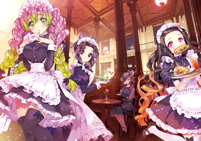 3girls :o alternate_costume apron bangs black_bow black_dress black_footwear black_headwear black_legwear black_shirt black_skirt bow brown_footwear brown_hair butterfly_hair_ornament carnelian cup dress enmaided food frilled_apron frills glass gradient_hair green_eyes hair_ornament hair_ribbon indoors kamado_nezuko kanroji_mitsuri kibutsuji_muzan kimetsu_no_yaiba kochou_shinobu lamp long_hair long_sleeves maid maid_apron maid_headress mary_janes mouth_hold multicolored_hair multiple_girls pink_eyes pink_hair pink_ribbon puffy_short_sleeves puffy_sleeves purple_hair ribbon sandwich shirt shoes short_hair short_sleeves skirt sleeve_cuffs teacup teapot thigh-highs very_long_hair violet_eyes waist_apron white_apron white_legwear wrist_cuffs zettai_ryouiki